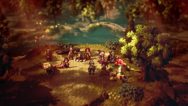A party from Octopath Traveler set in the woods by a river.