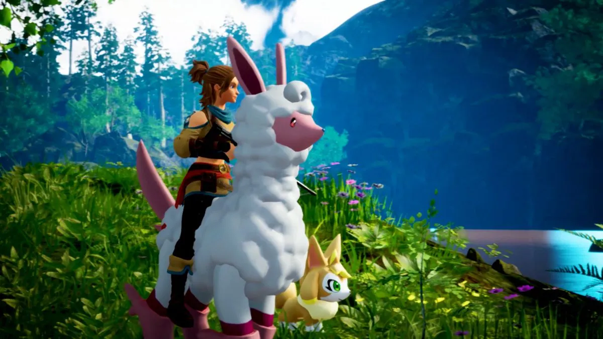 A trainer rides on the back of a sheep-like Pal in Palworld.