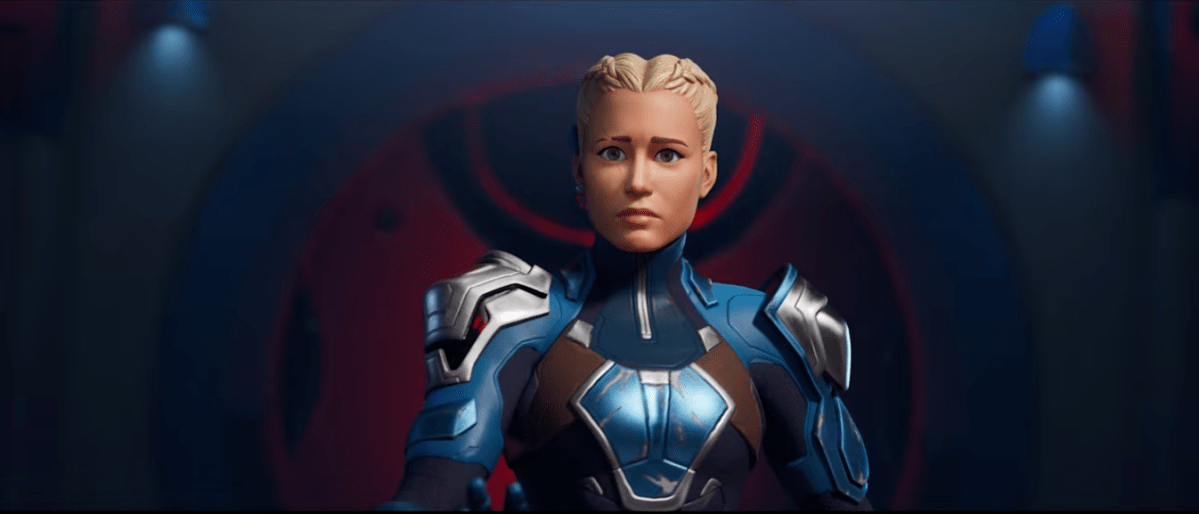 A screengrab from the Fortnite Paradise cinematic trailer showing Brie Larson looking concerned as her friends turn to Chrome blobs