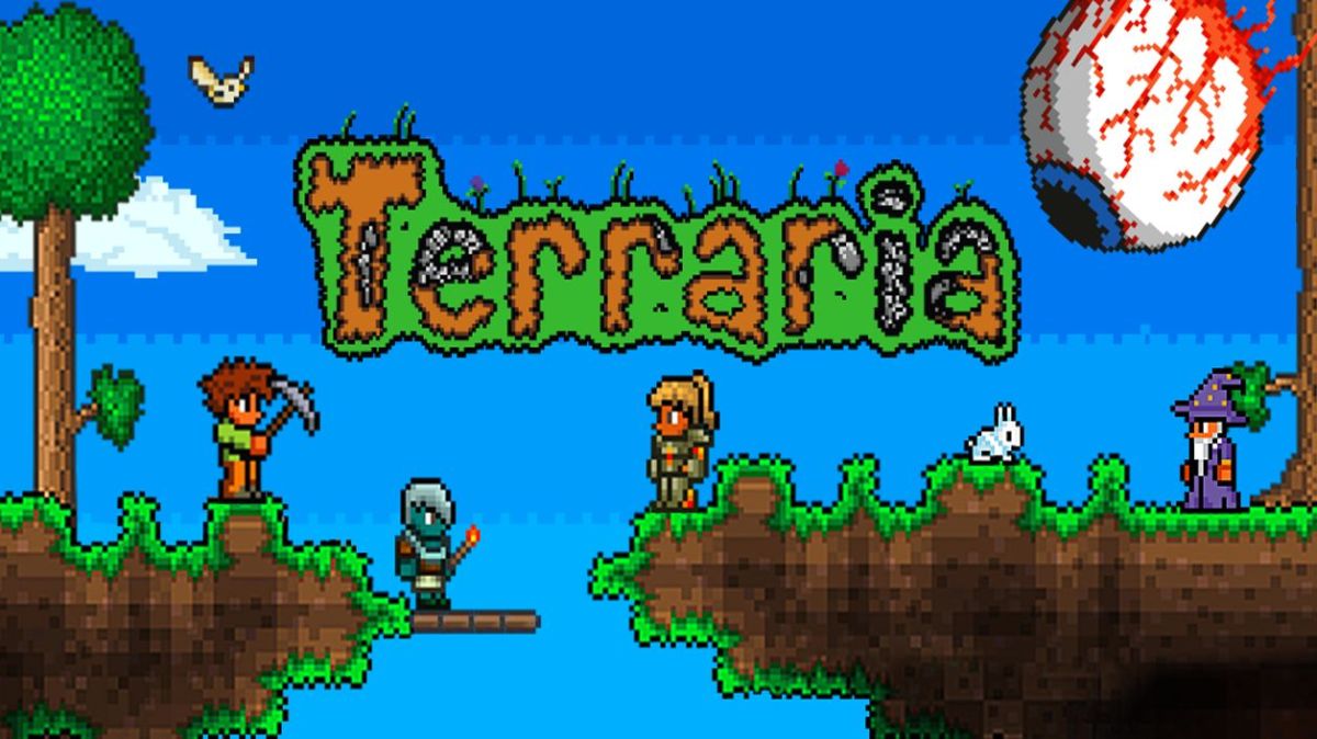 Terraria artwork showing the characters, environment, logo and eyeball boss
