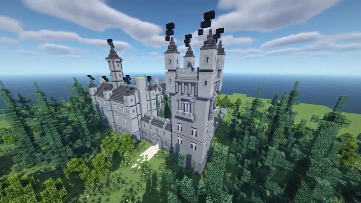 A gothic castle with turrets built in Minecraft.