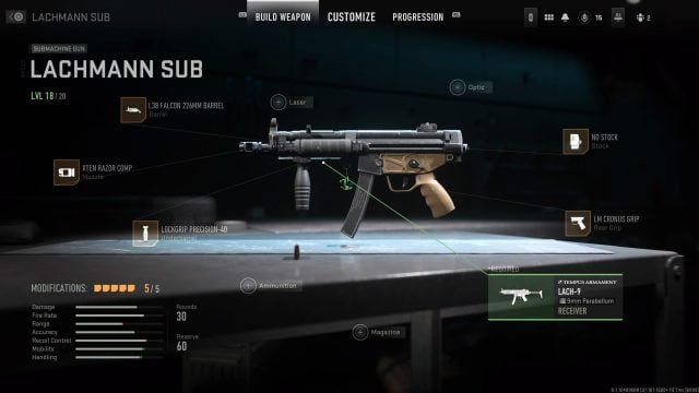 A screenshot of the weapon gunsmith in Call of Duty: Modern Warfare 2, with the Lachmann Sub selected.
