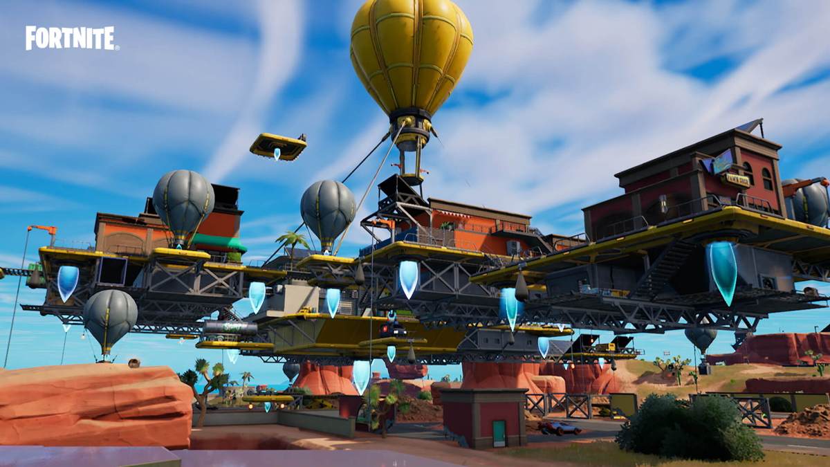 A promotional image from Fortnite showing Cloudy Condos lifted above the ground by a balloon