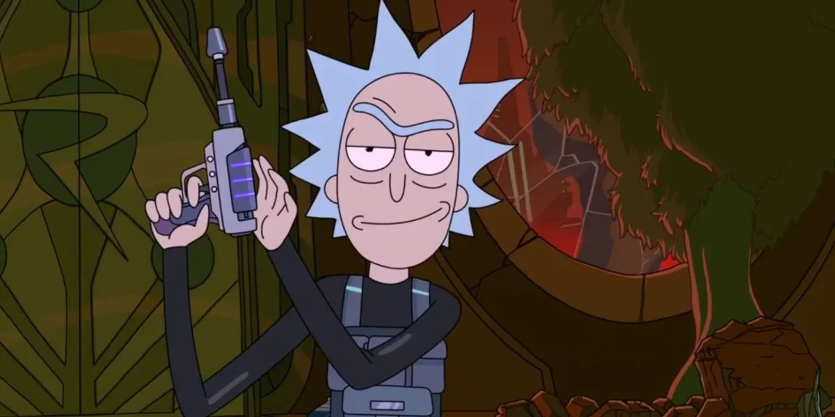 A screengrab from Rick and Morty showing Rick cocking a laser gun