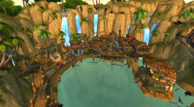 An overhead view of Booty Bay, one of the most prominent locations in the Eastern Kingdoms. Many players are gathered on the right-hand side of the city due to the Pirates' Day in-game event.