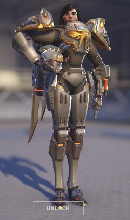 Pharah wears a gray suit with a gold emblem on the chest.
