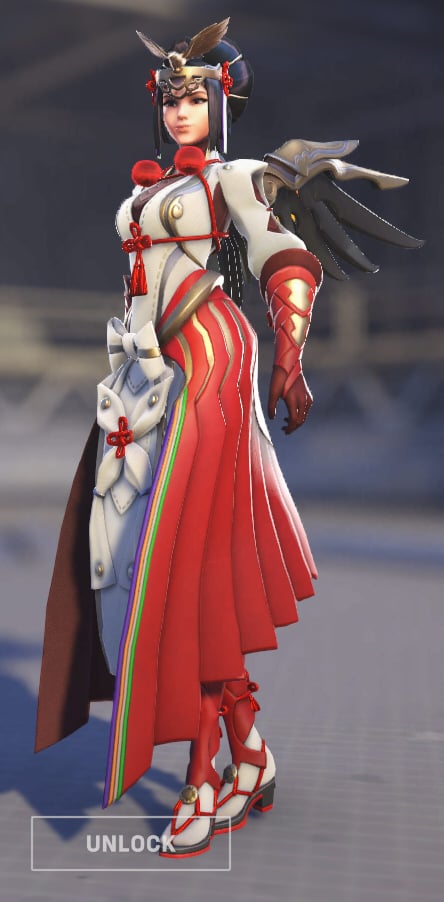 Mercy wears a red and white regal outfit.