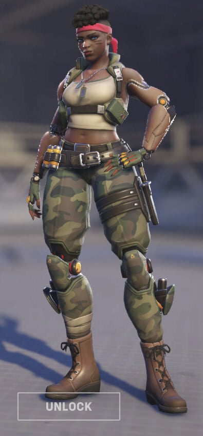 Sojourn wears a camo soldier's outfit.