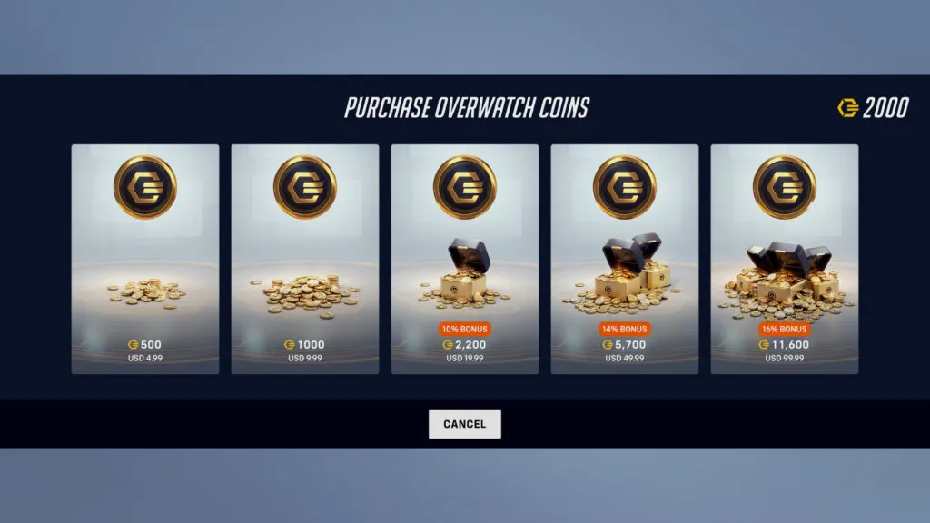 The Overwatch coins menu.