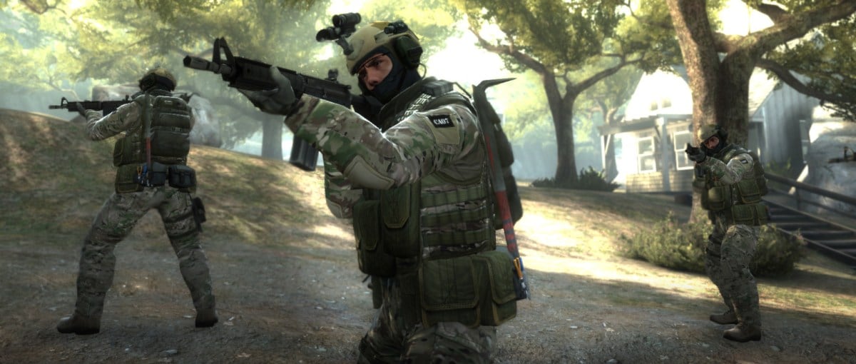 A Counter-Strike character advances wielding a weapon.