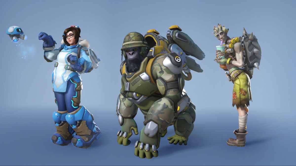 Mei, Winston, and Junkrat display their new cosmetics.