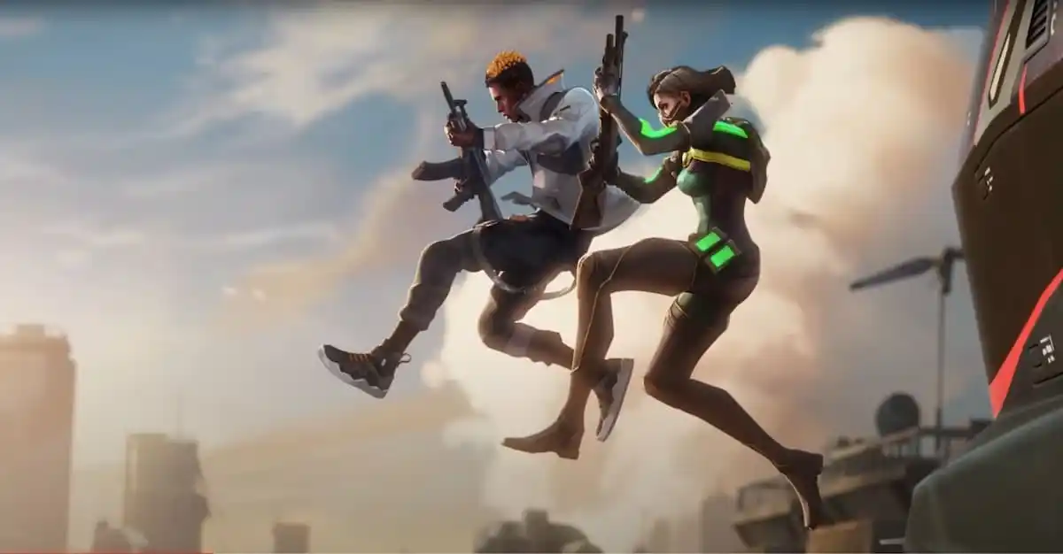 VALORANT agents Phoenix and Viper jumping into action as seen within a VALORANT cinematic.