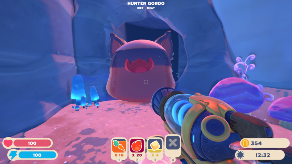 A screengrab from Slime Rancher 2 showing a Hunter Gordo that looks like a raccoon with the dark eye pattern and striped tail