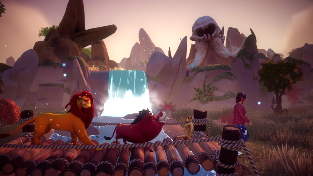 The player walking across a bridge with Timon, Pumbaa, and Simba walking behind them.