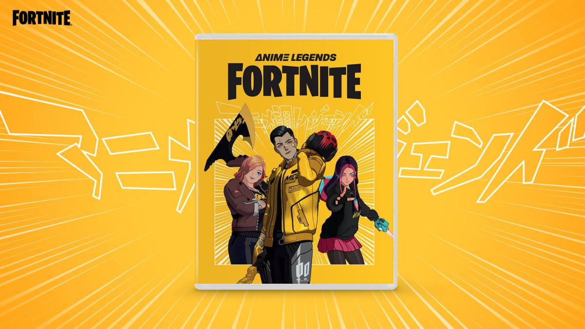 A promotional image for the Fortnite Anime Legends Pack showing Rox, Midas, and Penny