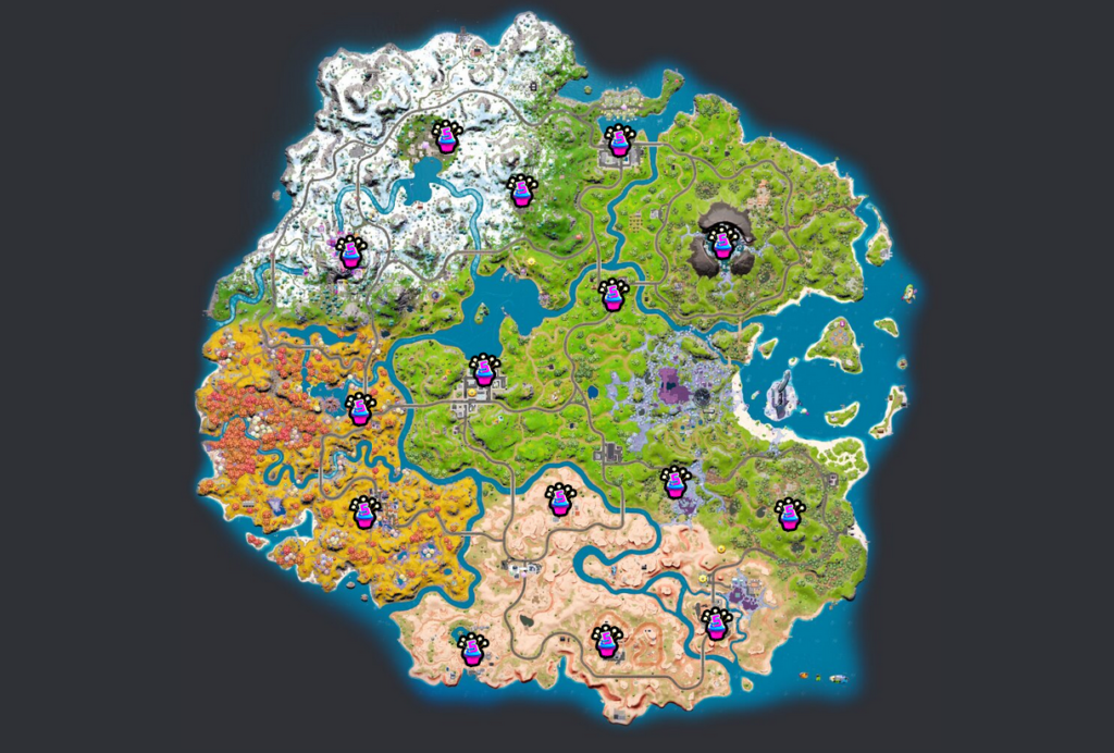 A screengrab of Fortnite's map, showing different locations where players can find a birthday cake