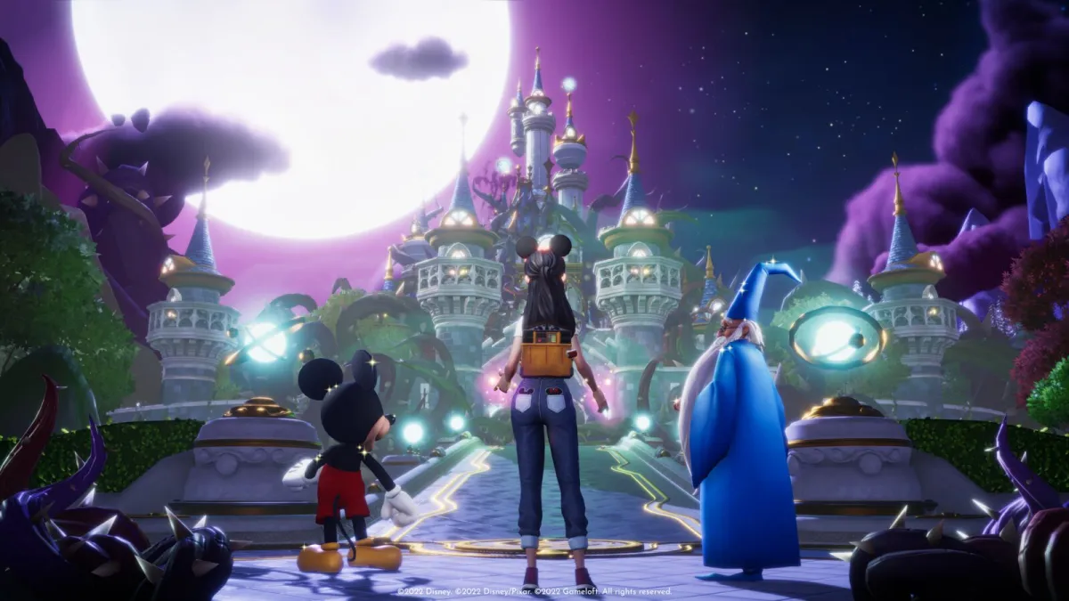 Mickey Mouse and Merlin next to the player in Disney Dreamlight Valley
