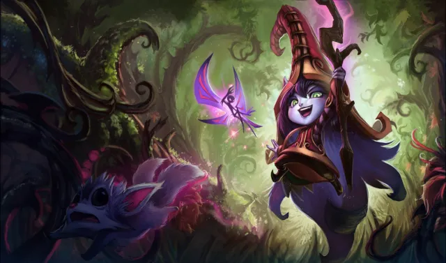 lulu's base skin in league of legends. she has a little fairy by her side and she's holding a staff