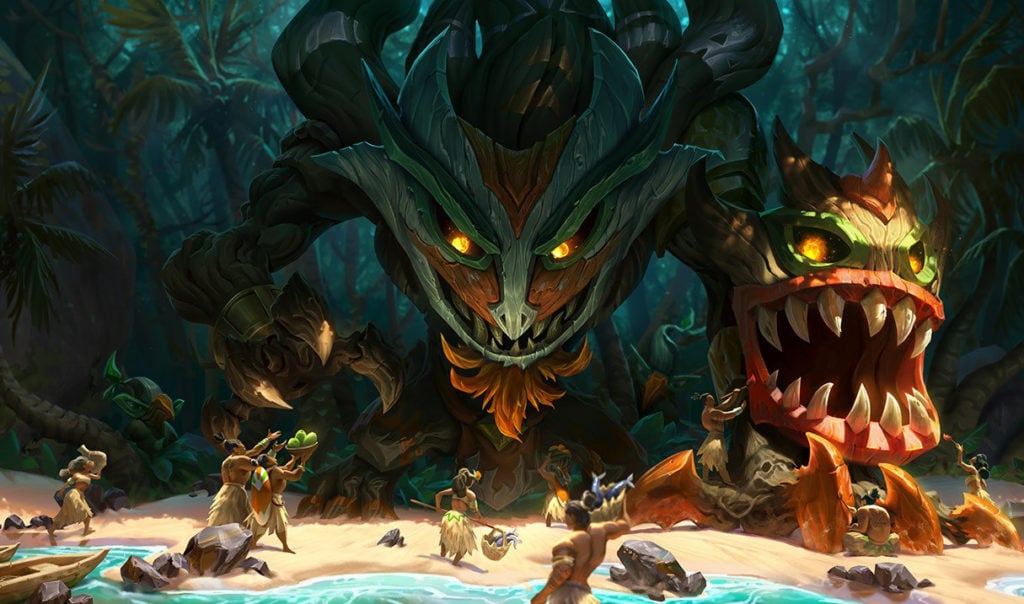 Maokai from League of Legends with islanders on a beach