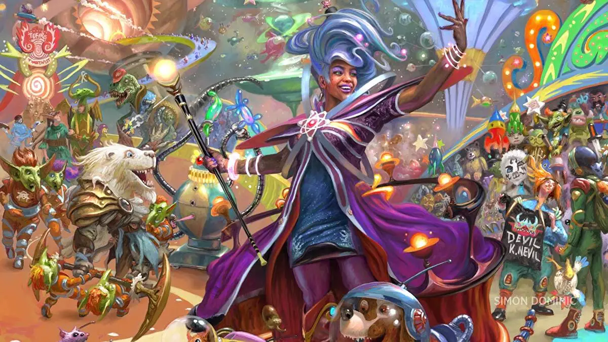 A woman standing with a staff in hand with several creatures in the background in Magic the Gathering