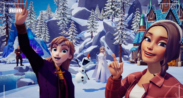 Elsa, Anna, Olaf, and the player in Disney Dreamlight Valley
