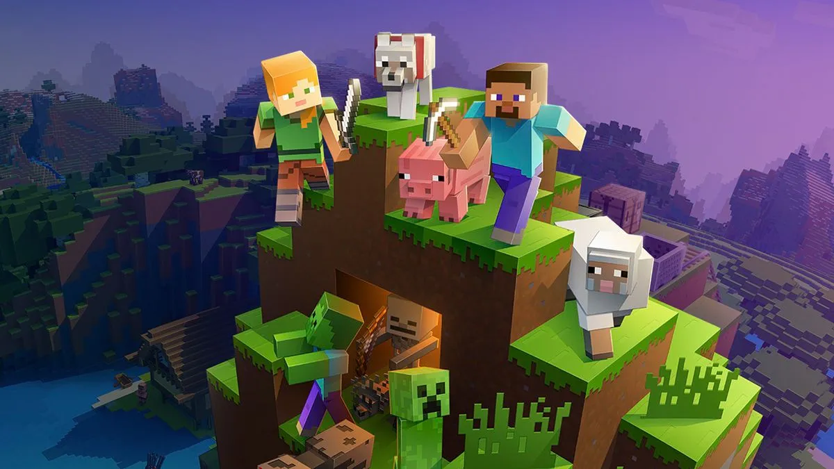 an image of Minecraft characters sitting on a mountain