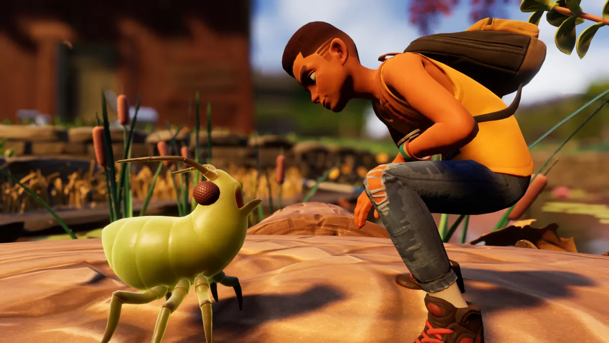 A image from Grounded showing a character looking friendly with an Aphid