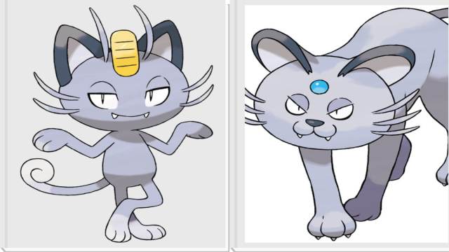 Side by side images of Alolan Meowth and Alolan Persian.