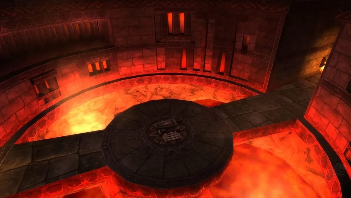Blackrock Depths in WoW Classic. Pictured: the central spire surrounded by lava.