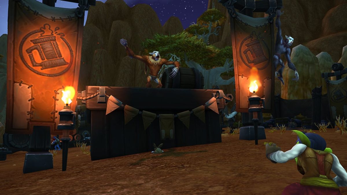 Monkey character in WoW dancing on a stage