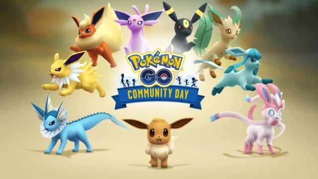 A Pokemon Go image showing Eevee and available evolutions.