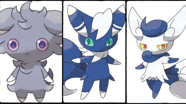 Espurr alongside male and female versions of Meowstic.