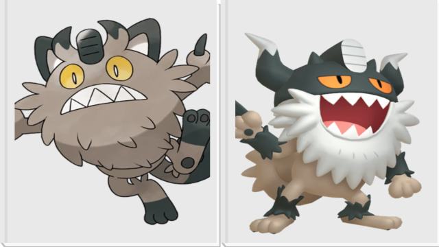 Side by side images of Galarian Meowth and Perrserker