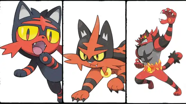 Litten, Torracat and Incineroar in side by side images.