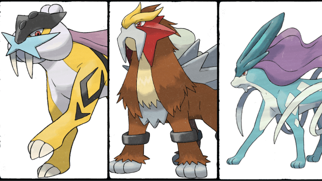 The legendary beast trio of Raikou, Entei, and Suicune side by side.