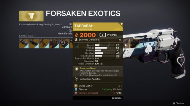 A screenshot of the Forsaken Exotics menu in the Exotic Archive of the Tower, with the Tarrabah submachine gun selected.