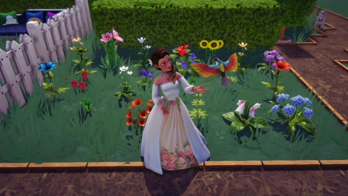 A player standing by a bird while surrounded by flowers.