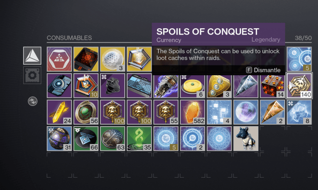 A screenshot of a player's inventory in Destiny 2, with the Spoils of Conquest selected.