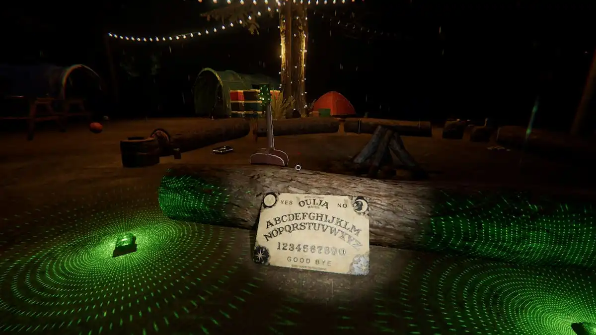 A tan and black Ouija Board sitting on the ground leaning up against a log at Camp Woodwind in Phasmophobia.