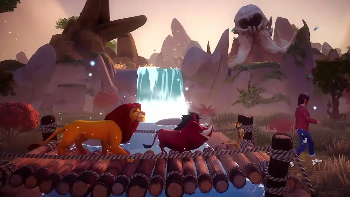 The player walking across a bridge with Timon, Pumbaa, and Simba following them.