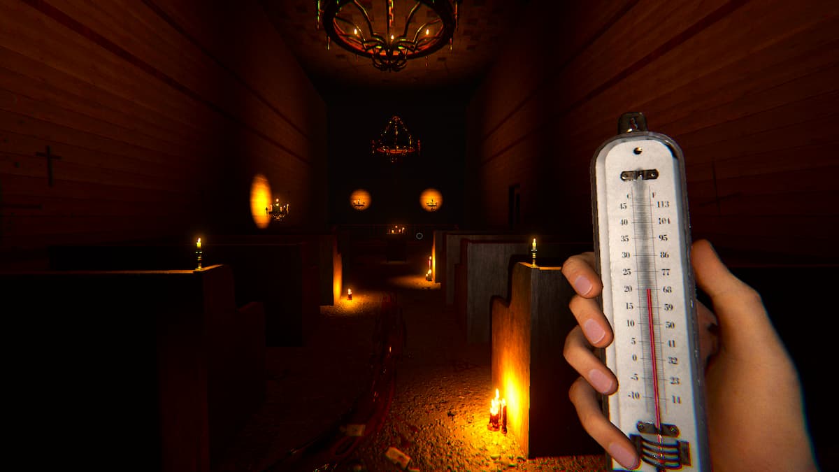 The player holding a Thermometer in a chapel.