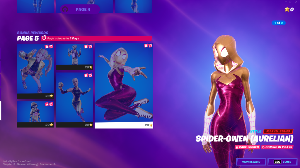 An image of Spider-Gwen in Fortnite with a costume amde of gold and maroon colors