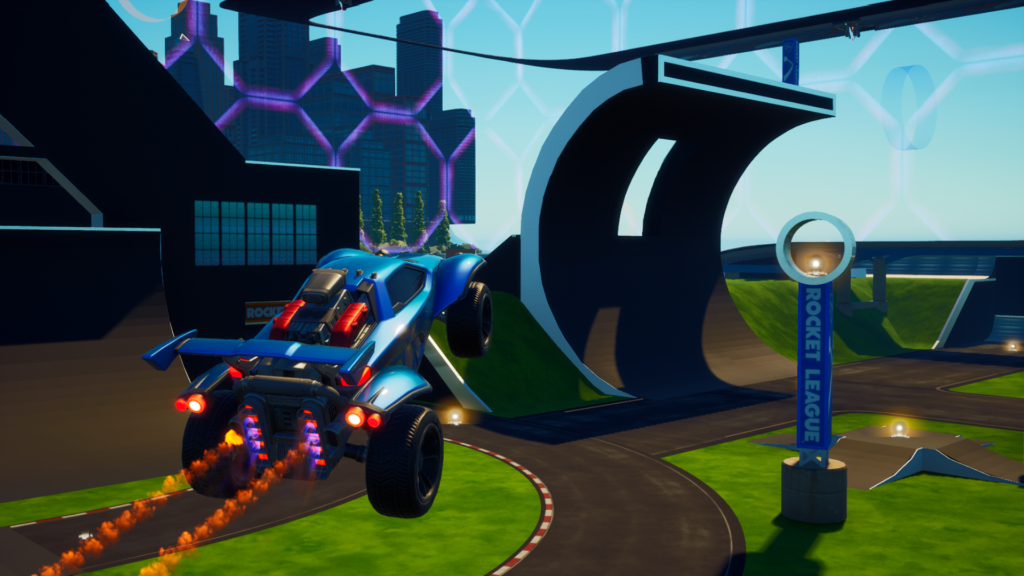 A promo image from Fortnite showing the Rocket League Octane vehicle boosting towards a ramp