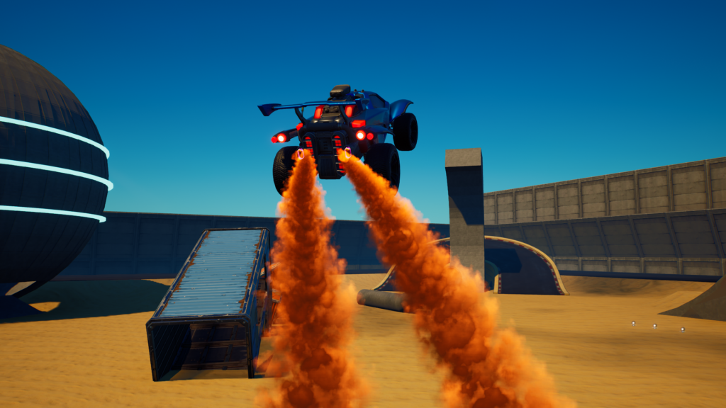 A image of the Octane car in Fortnite with two contrails coming off it as it launches into the air