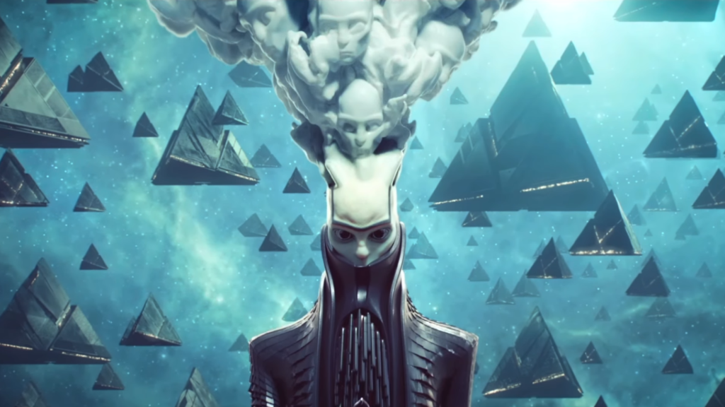 The Witness stands facing the camera, surrounded by a fleet of Pyramid ships behind it.