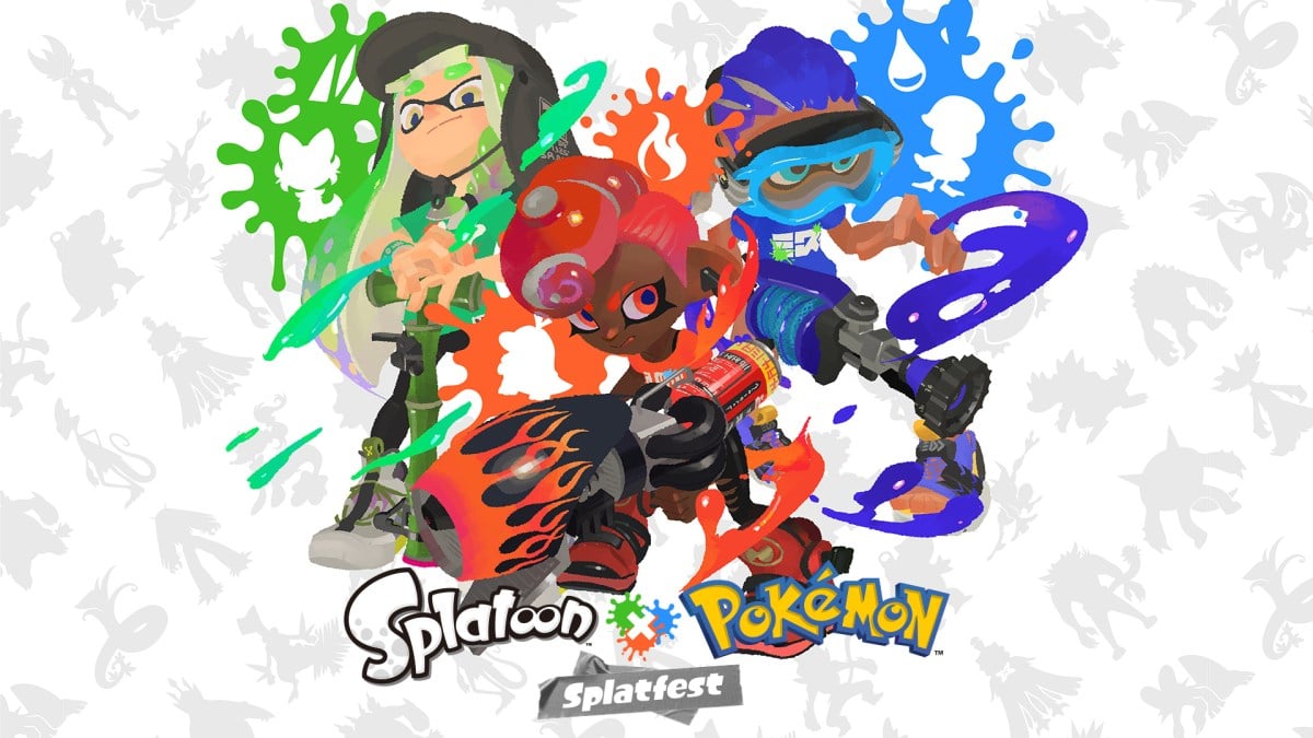 Three characters from Splatoon 3, with one in red paint, one in blue, and one in green