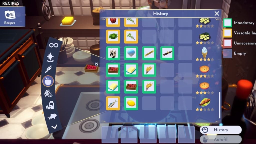 A screenshot of the ingredients and cooking menu in Disney Dreamlight Valley.