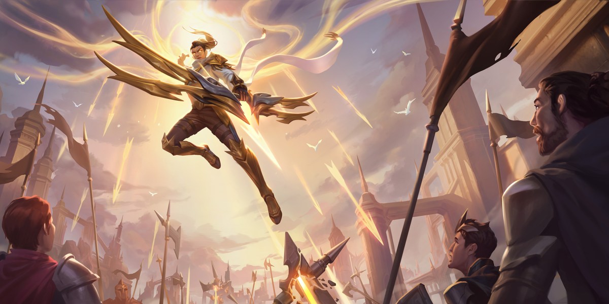Varus rises from the crowd, surrounded by light, in Legends of Runeterra