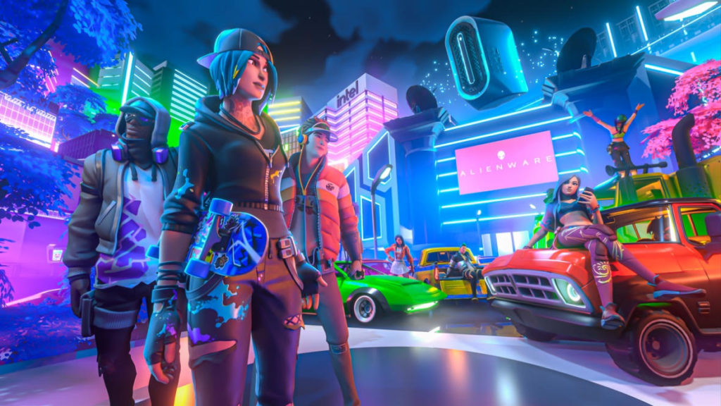 A promotional image for Alienware's Defy City in Fortnite, featuring two characters in urban outfits with a city of neon behind them