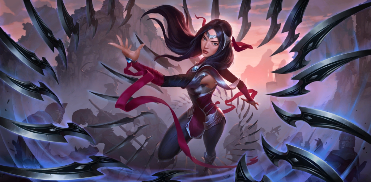 Irelia from League of Legends stands ready for battle, surrounded by blades in Legends of Runeterra.